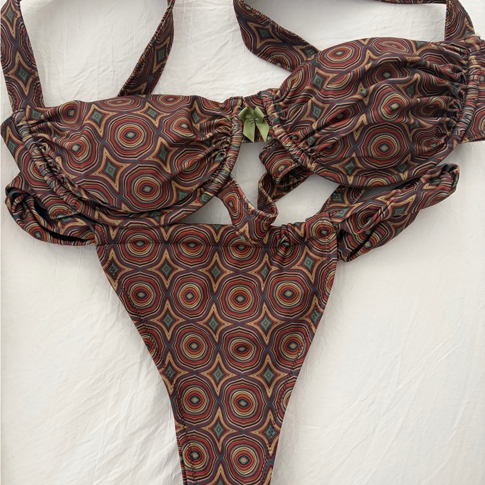 Strawberry Milk Mob Geometric Print Bikini Set in Brown and Olive